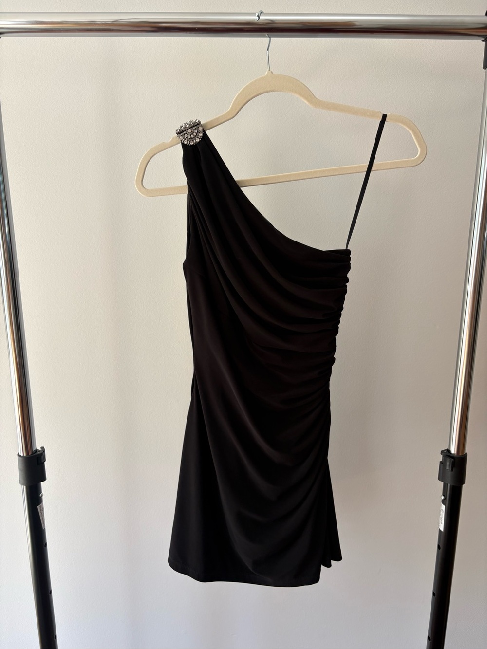 Ralph Lauren Black One-Shoulder Ruched Cocktail Dress with Embellished Strap
